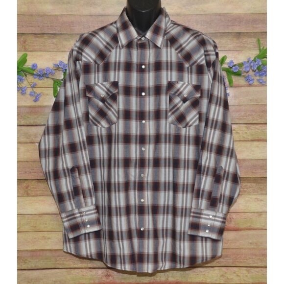Plains Western Wear Big Man Brown Plaid Pearl Snap Long Sleeve Shirt Size 2X - Picture 1 of 10